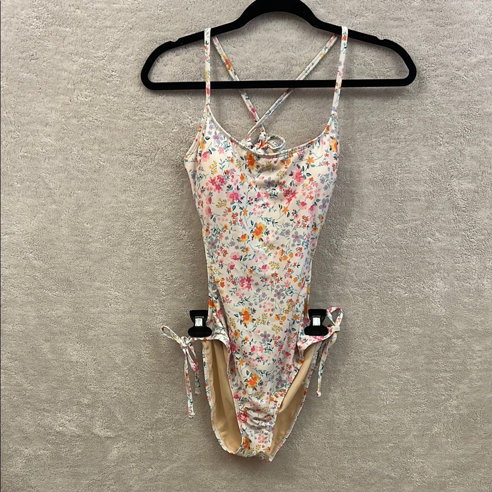 Pink and Orange One-Piece Swimsuit with High-Cut Legs and Back out